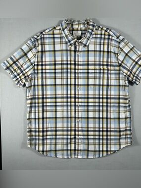 Mutual Weave Mens Shirt XXL Button-Up Short Sleeve Cotton Navy White Brown Plaid
